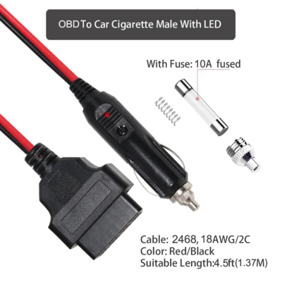 Enchufe de encendedor de cigarrillos de coche de 12V a cable de alimentación de diagnóstico con conector OBD2 y fusible para escáner automotriz, lector de códigos y ECU