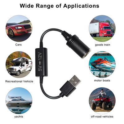 Adaptador USB de 5V a 12V Cable de conversión de paso con encendedor de cigarrillos Conector de conexión de refuerzo para DVR de automóviles GPS Router de cámara de ventilador LED